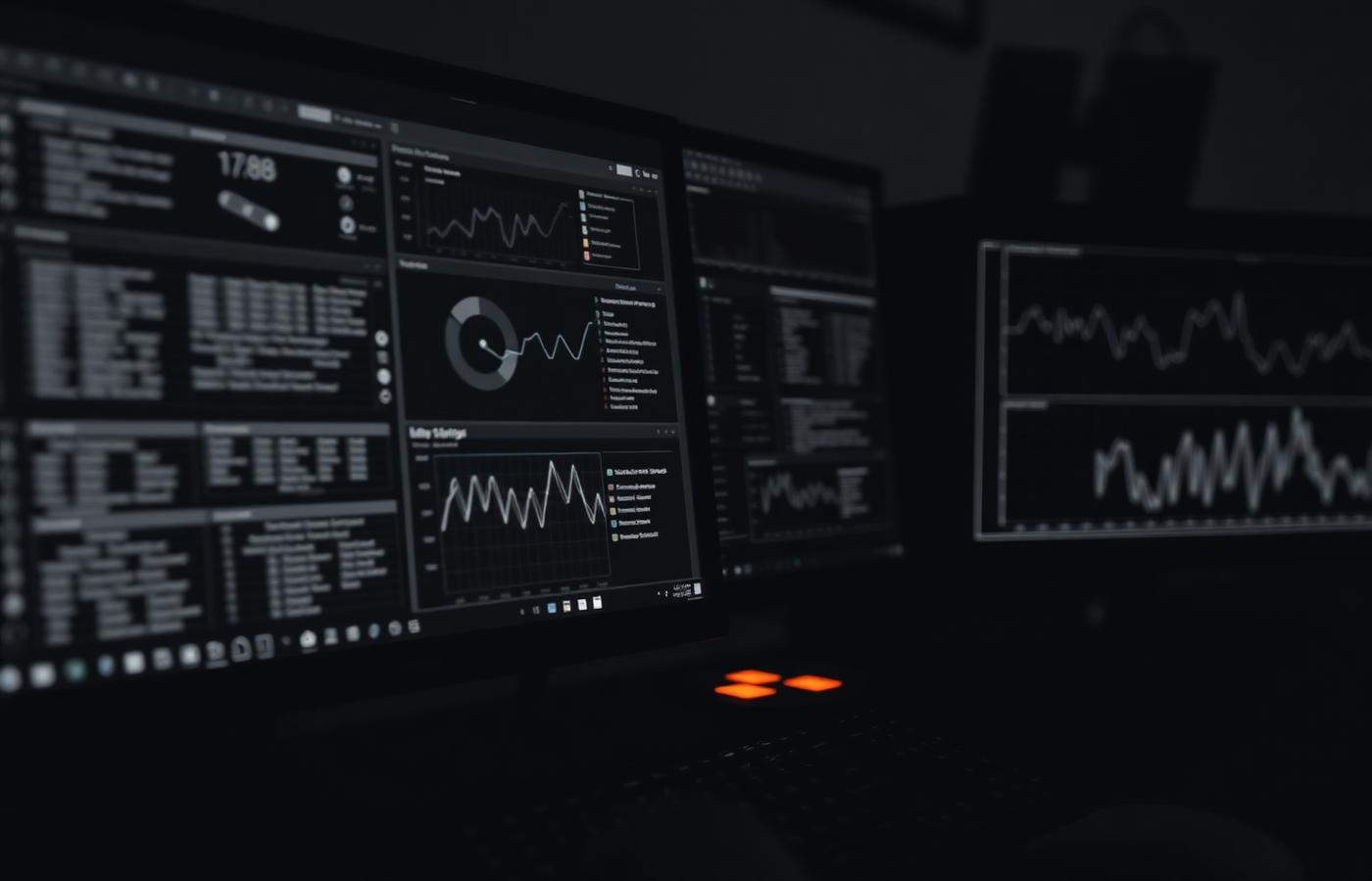 Dark security operations desk with monitors showing abstract monitoring dashboards